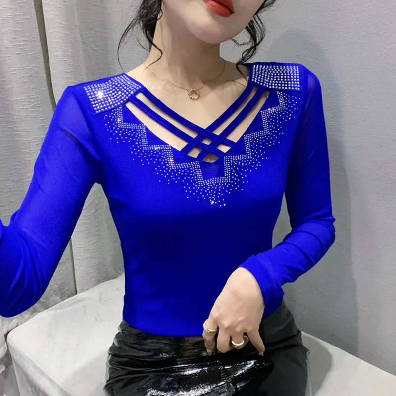 2023 Spring Autumn New Women Mesh Tops Fashion Cross Hollow Ironing Drill Long-Sleeved Bottoming Shirt Elasticity T-Shirt