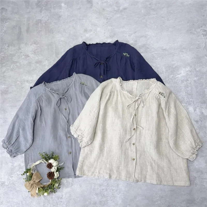 

Johnature Japanese Fungus Trimmed Linen Embroidered Lace-up Shirt 2025 Summer New Retro Loose Casual Versatile Shirts