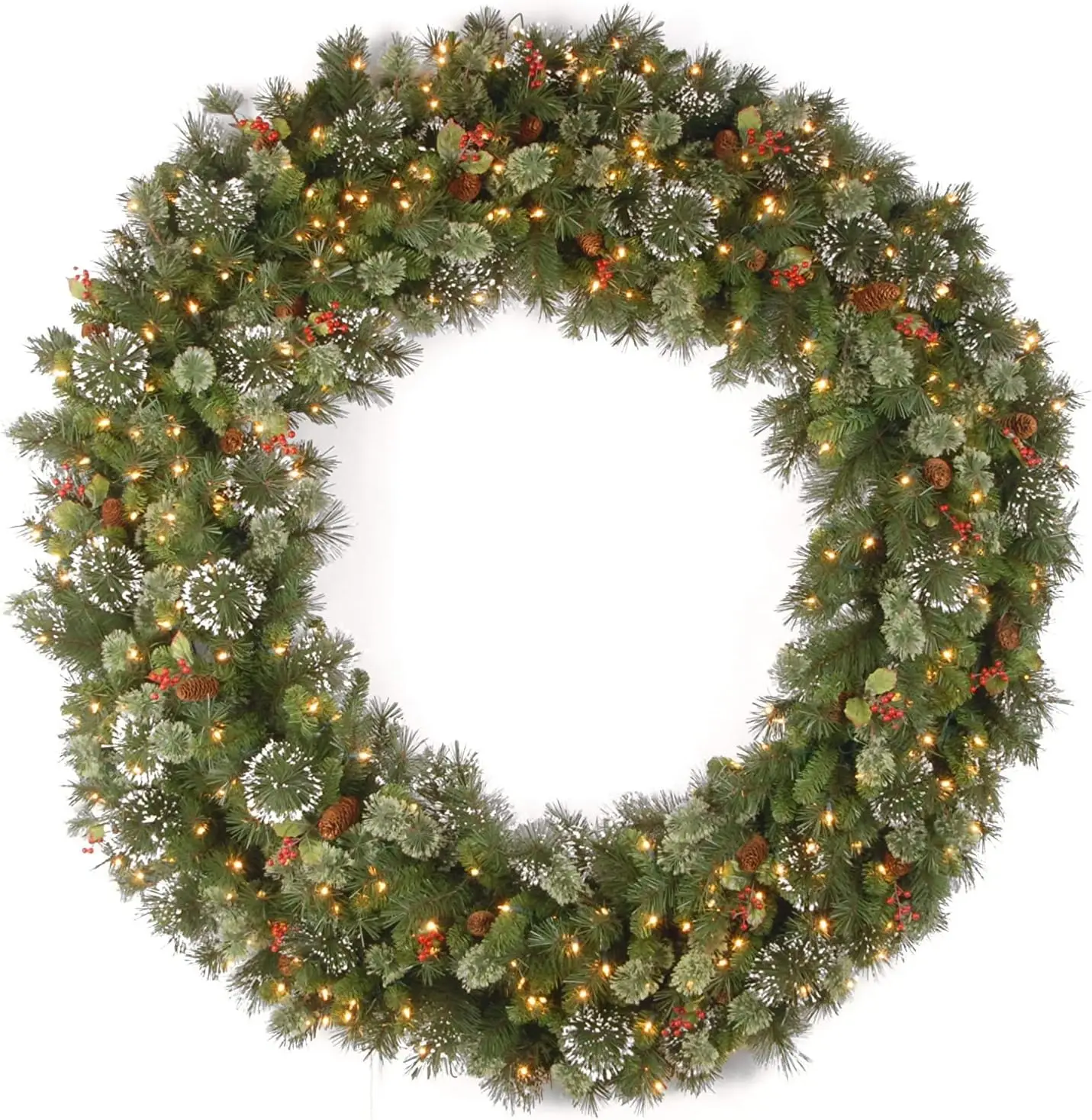 60 in Pre-Lit Flocked Wintry Pine Artificial Christmas Wreath, Christmas Decoration with Pinecones, Red Berries, 300 Clear Light