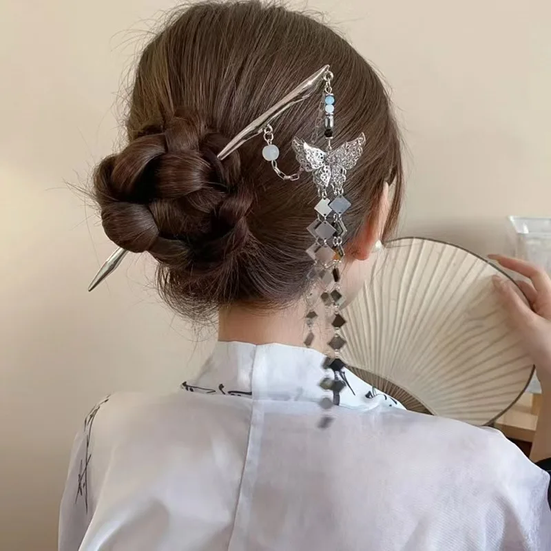 

2pcs Women's Hairpin Antique Silver Butterfly Tassel Hair Stick Vintage Chinese Style Metal Jewelry Hair Accessories Hairpins