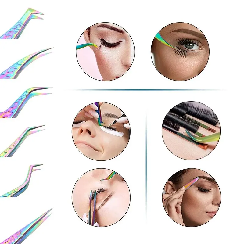 False Eyelash Tweezers Colorful Stainless Steel High Precision Anti-static Eyelash Extension Tweezers Makeup Tools