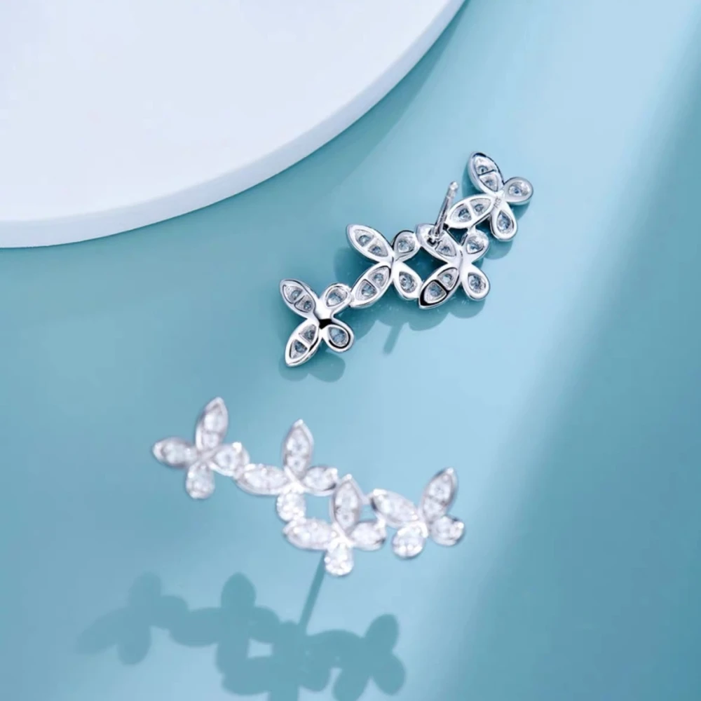 Four Butterfly Clusters Zircon Earrings Female S925 Sterling Silver Sparkle High Fashion Delicate