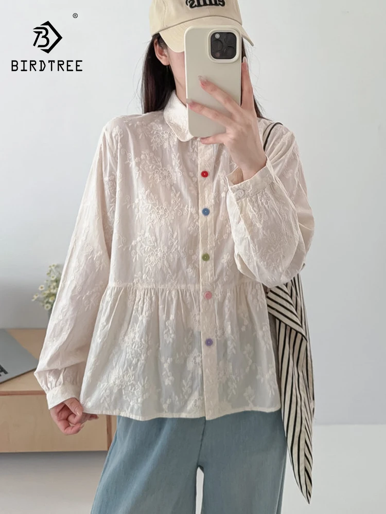 جديد 2025 الخريف قميص قطني بكم طويل ، المرأة بدوره إلى أسفل طوق التطريز ، موري فتاة أزرار ملونة بلوزة فضفاضة T5O591CC #1