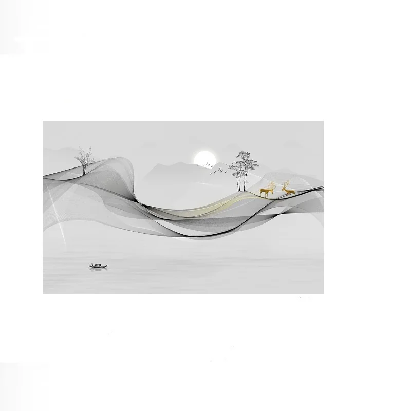 Abstract ink lines depicting two deer landscape scenery, Print Art Canvas Poster, For Living Room Decor, Home Wall Picture
