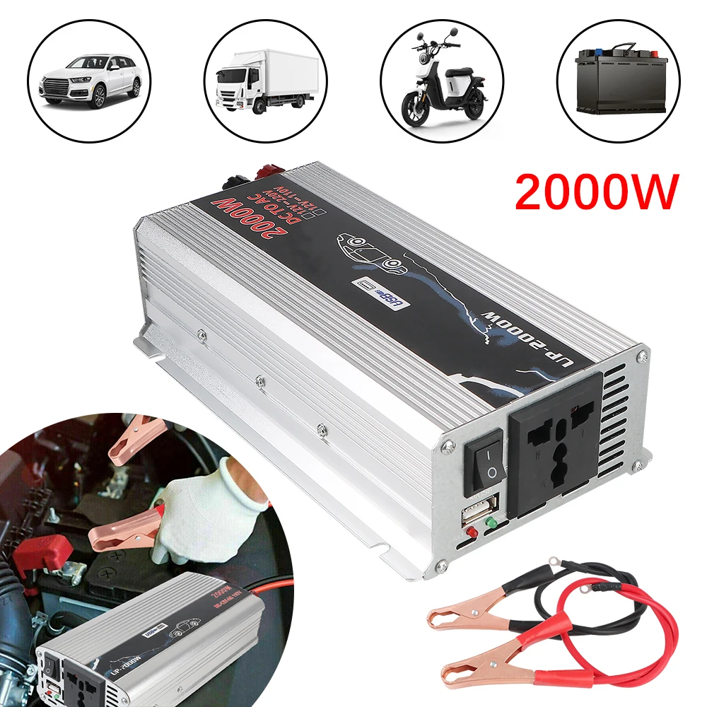 Car Inverter 2000W DC12V To 110V 220V Inverter AC Power Socket With USB Charger Switch Solar Power Storage Battery Converter