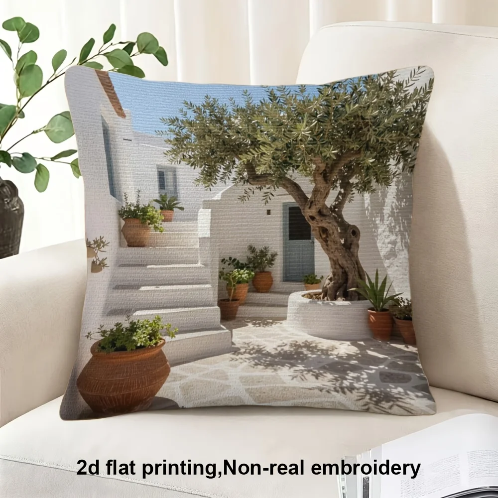 Mediterranean Courtyard Pillow Case, Olive Tree & White House Cushion Cover, Scenic Landscape Decor for Sofa Bedroom