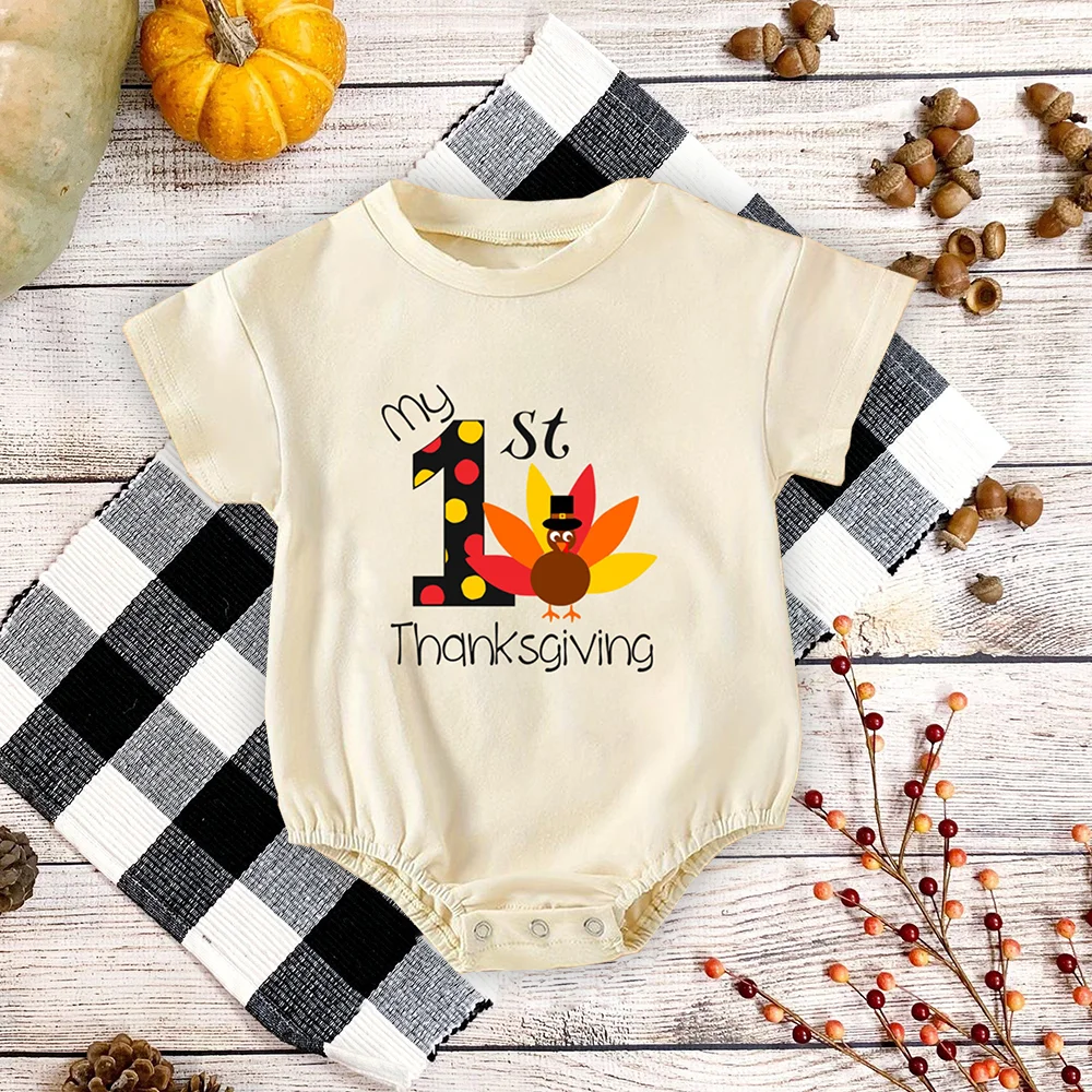 My 1st Thanksgiving Baby Bubbles Romper Autumn Party Infant Bodysuit Newborn Baby Oversized T-Shirt Romper Retro Clothes