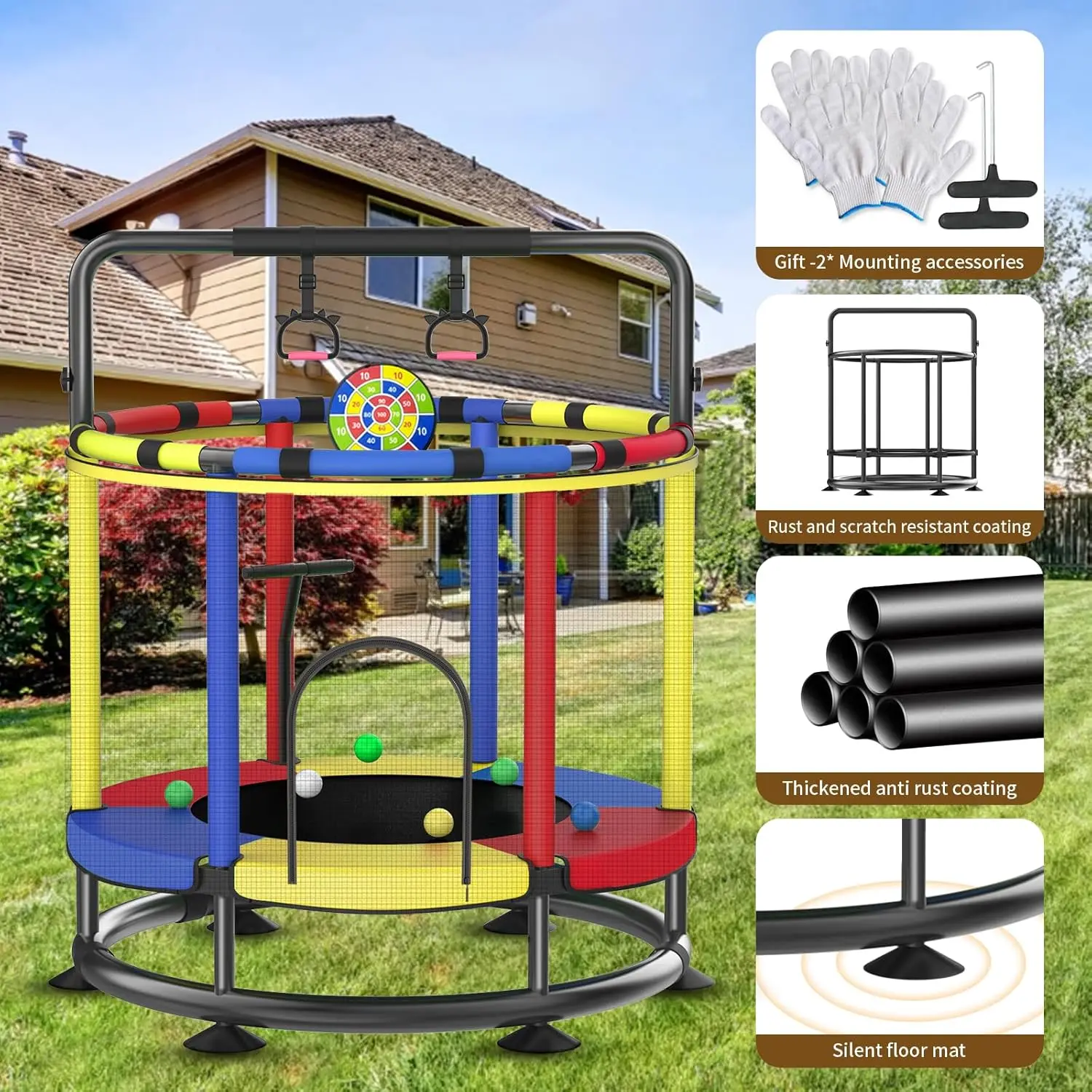 Trampoline for Kids, Full Anti-Rust 440lbs Anti-Rollover Round Bottom Toddler Trampoline, T-handrail Adjustable Baby Toddler