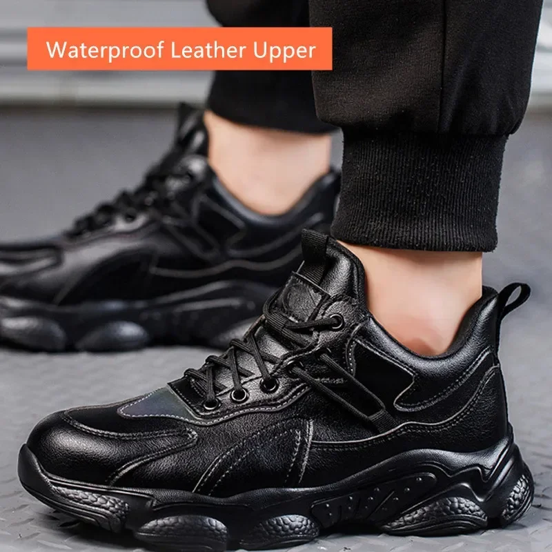 waterproof safety shoes puncture proof black PU leather work shoes anti smash anti stab work safety sneakers women men for work