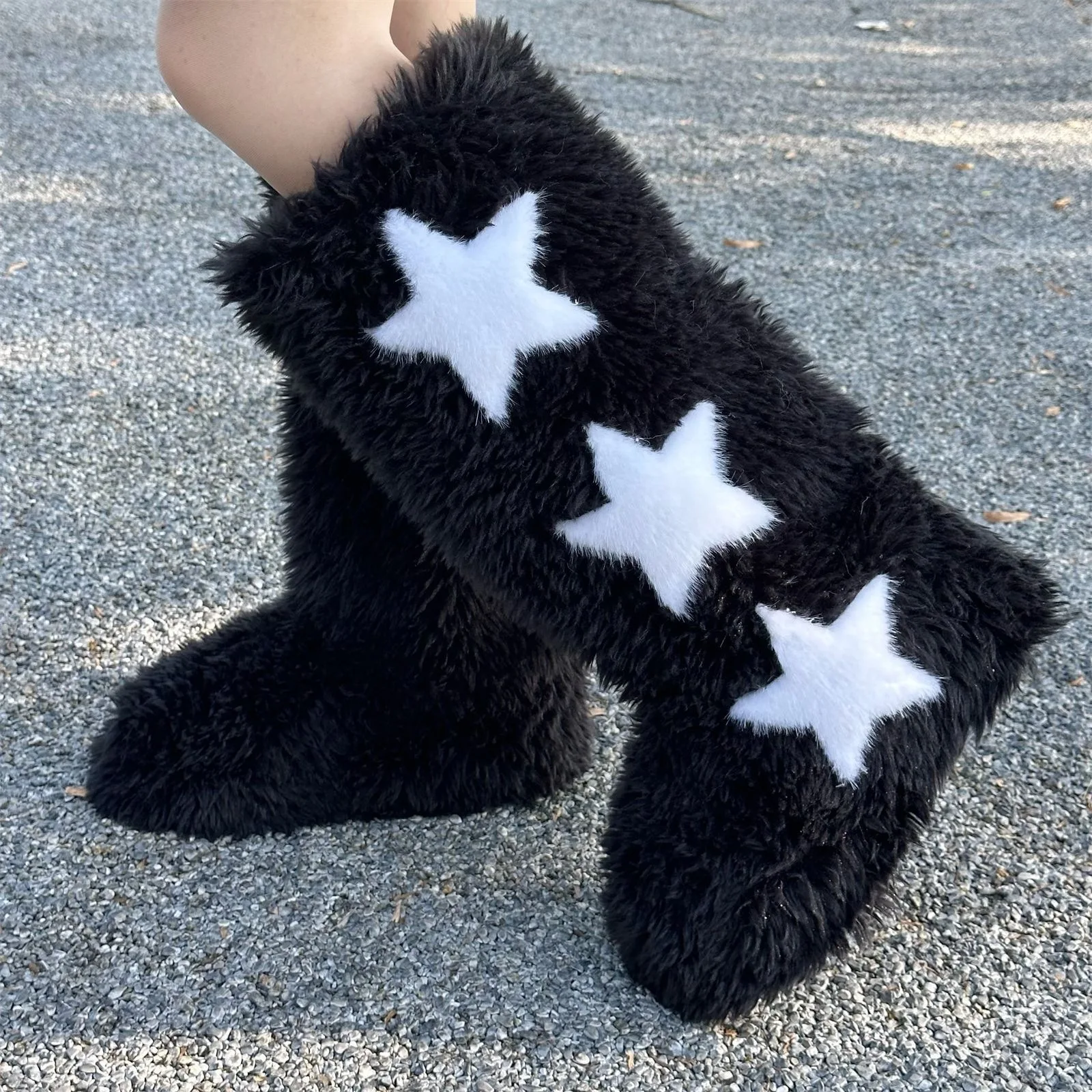 Y2K Ladies Faux Fox Fur Mid-Calf Snow Boots, Star Decor Fluffy Plush Furry Winter Fashion Boots for Women