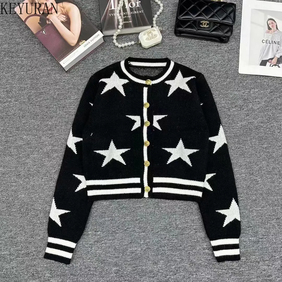 2024 Spring Autumn Star Jacquard Knitted Cardigan Women Vintage O-Neck Long Sleeve Single Breasted Sweater Loose Versatile Tops