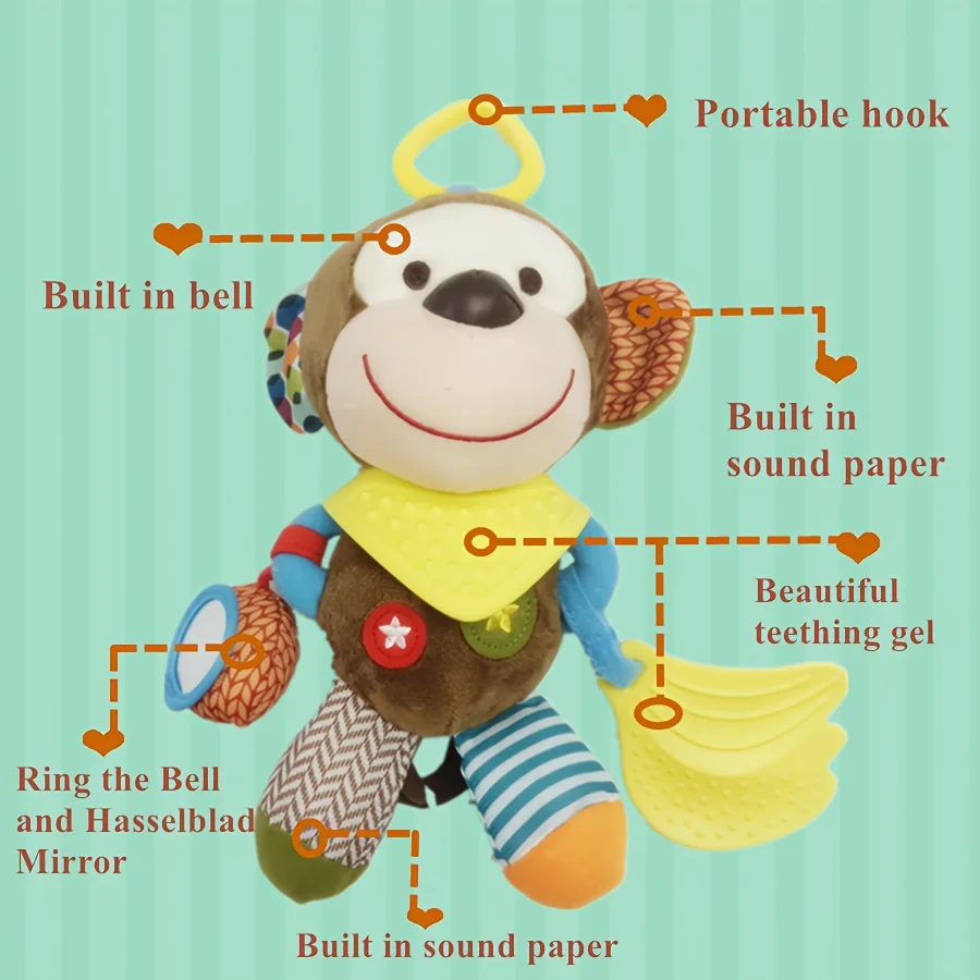 1モンキーベッドハンギングドール、0～3歳向けの柔らかいぬいぐるみ動物のおもちゃ、幼児を落ち着かせるおもちゃ、誕生日に最適