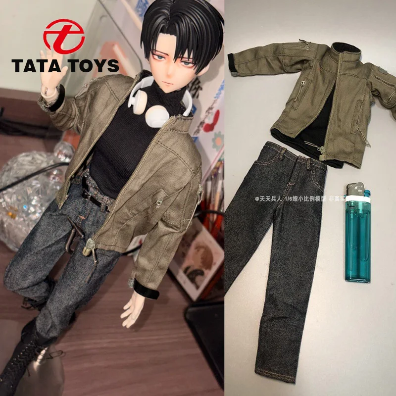 

1/6 Scale male clothes khaki jacket black T-shirt jeans fit 12 inches soldier action body