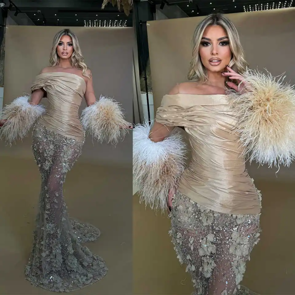 Customized Ostrich Feathers Mermaid Prom Dresses 3D Hand Made Flowers Beading Evening Gowns Off Shoulder Special Occasion Dress