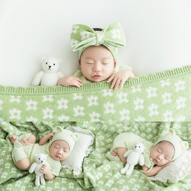 

Костюмы для фотосъемки новорожденных, детское вязаное боди с чехлами для носков, кукла-медведь, цветок, фон, одеяло, студийная фотография для младенцев