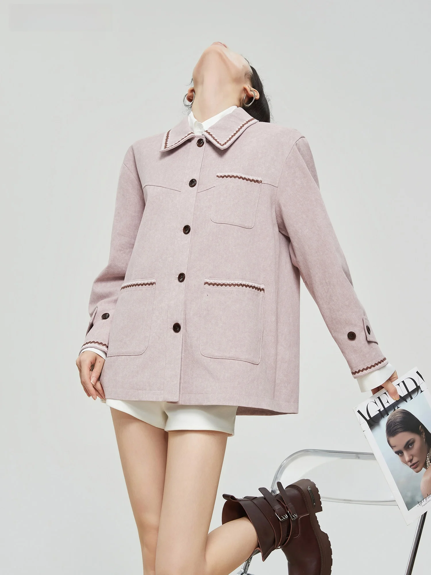 

Pink Retro Double Color Embroidered Jaet Women's Loose Casual Collar Top Early Autumn New Design Sense Polyester Fiber