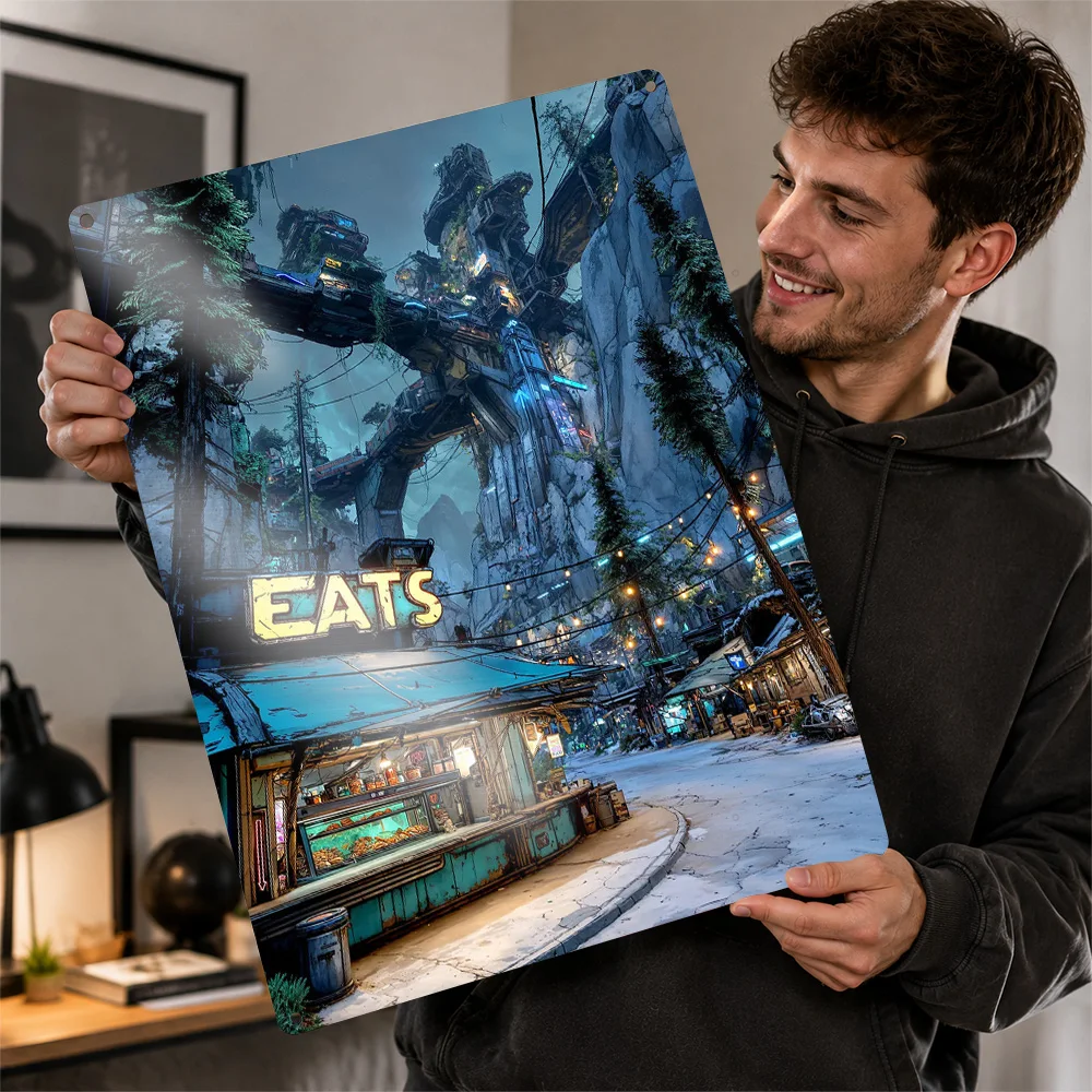 Wasteland Diner With Giant Robot Textured Metal Poster Cinematic Wall Art For Study Personalized Aluminum Sign Nature Lover Gift