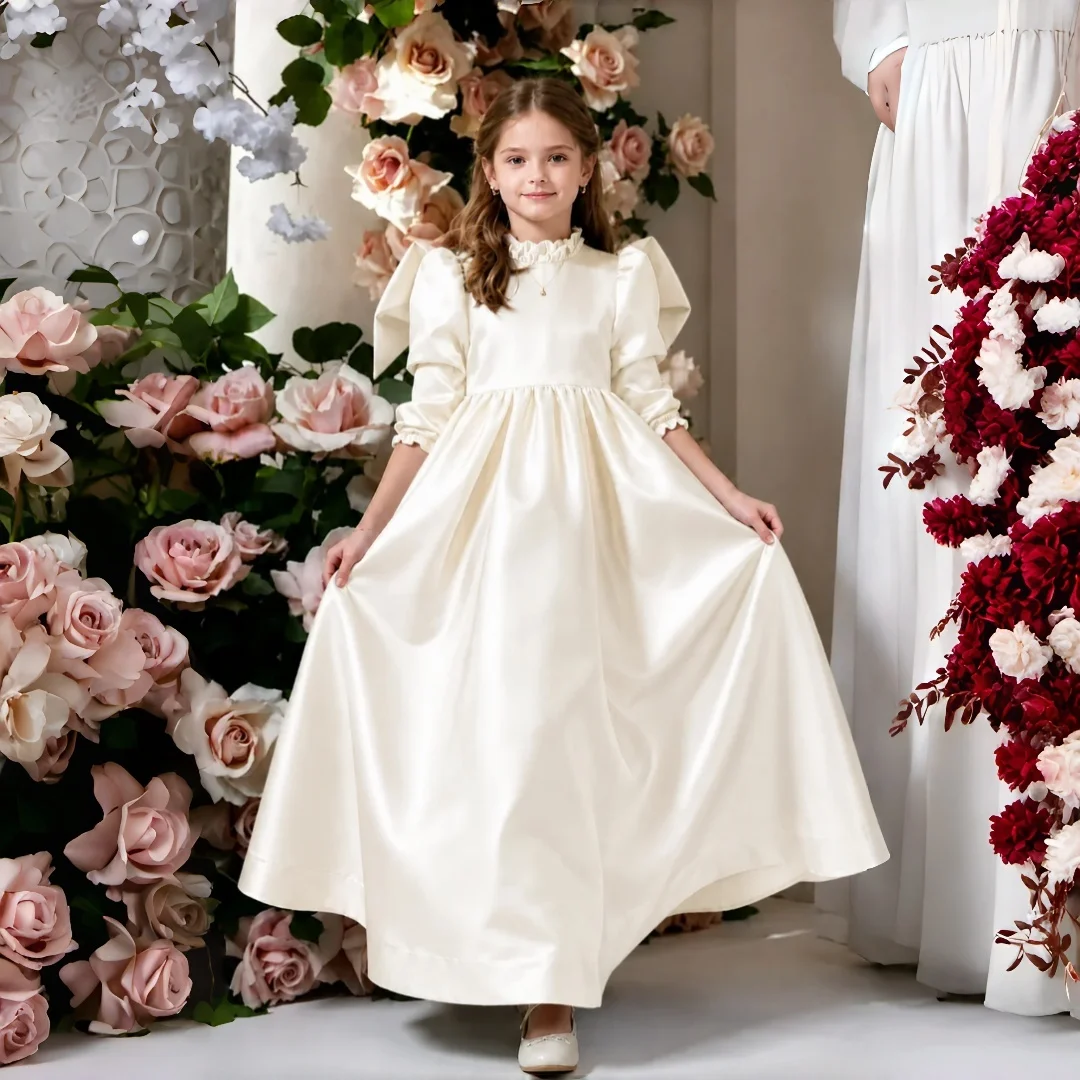 Girls Ivory Flower Girl Dress Long Sleeve Ruffle High Neck A Line Floor Length Kids Wedding First Communion Pageant Formal Gown