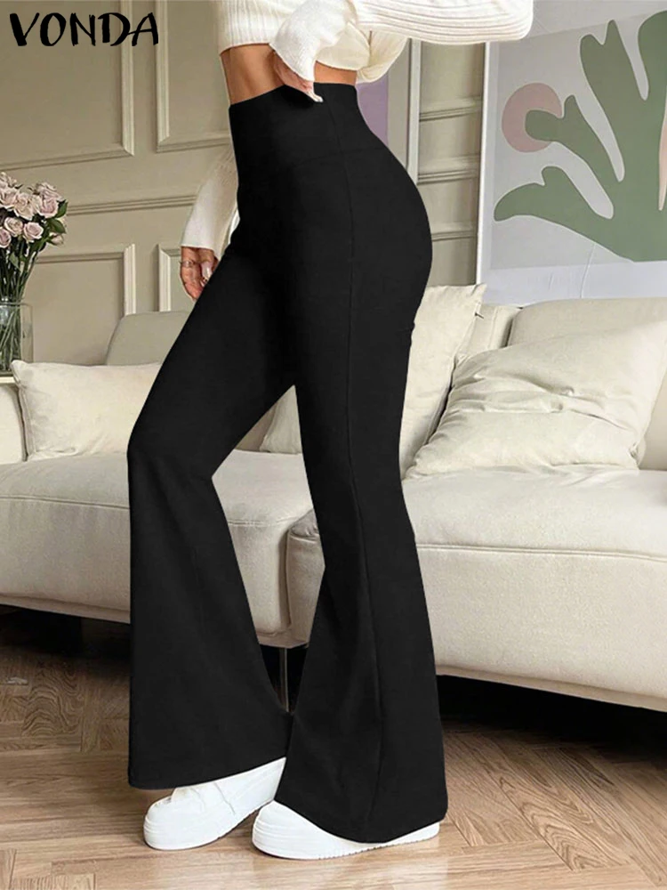 

2025 VONDA Elegant Women Long Trousers Fashion Flare Pants High Waist Streetwear Knitted Capris Solid Sexy Slim Sporty Pantalons