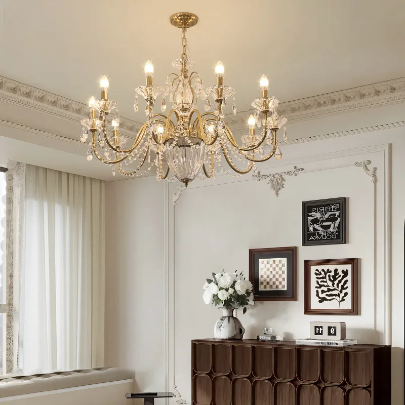 Copper Color Iron Candle Crystal Chandelier Hanging Lamp For Ceiling Bedroom Living Room Hall Home
