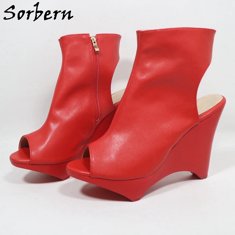 Sorbern Red Matte Ankle Boots For Women Special High Heel Open Toes Platform Booties Unisex Open Heels