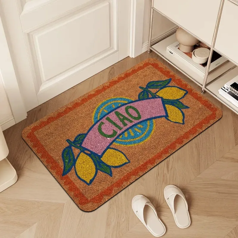 Retro Ciao Ribbon Welcome Mat Fresh Yellow Lemon Decorative Floor Rug Aesthetic Cottagecore Entryway Doormat For Front Door