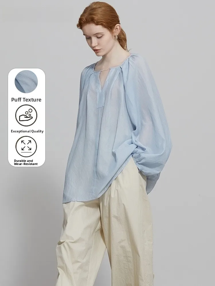 

Lightweight V-neck Long Sleeve Ruffle Sleeve Loose Fit Summer Shirt Women's French Style Polyester Rayon Sun Protection Top
