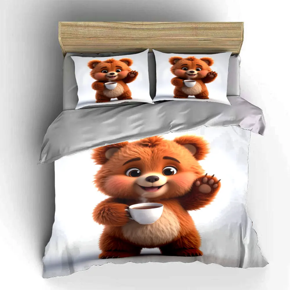Cute plush animal holding cup Print Bedding Set 1 Duvet Cover 2 Pillowcases for Adult and Children Luxury Gift Full Size 5