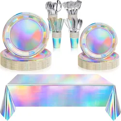 Iridescent Silver Rose Gold Party Tableware Tablecloth Knife Fork Napkin Plates Cups Wedding Bachelorette Birthday Dinnerware