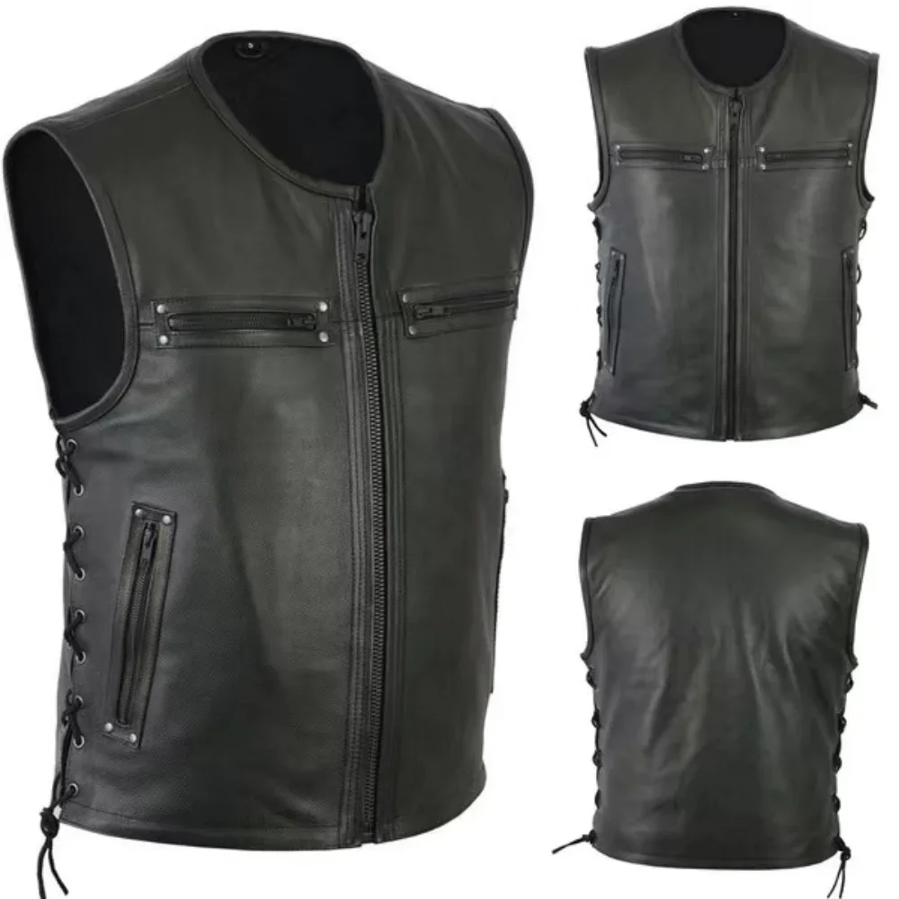 2023 New Solid Color Mens Vest Motorcycle Standing Collar PU Leather Vest Jackets Team Punk Sleeve Tops Male Large Size 5XL