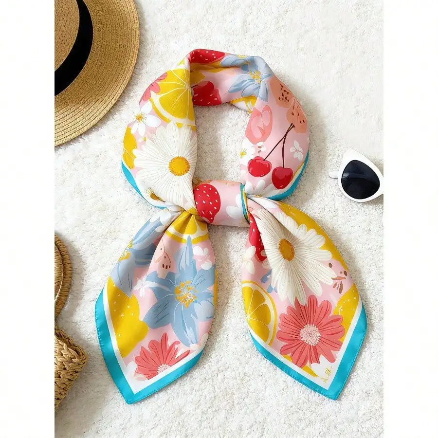 

1pc Women's Spring New 70cm Silk Scarf, Lemon Floral Print Versatile Accessory, Suitable For All Seasons Daily Wear