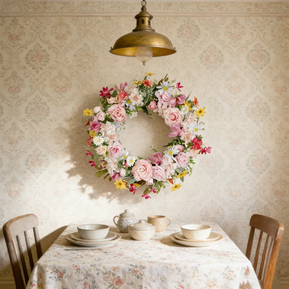 Pink Rose & Daisy Wreath, Artificial Flower Spring Door Hanger for Home Decor