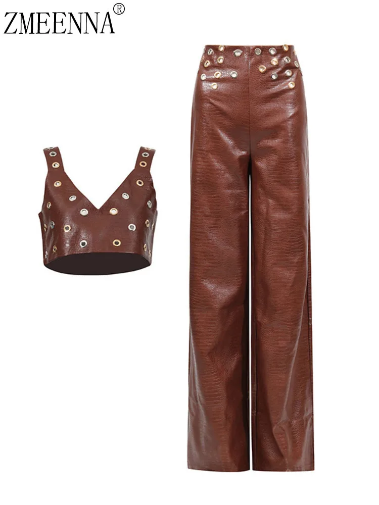 

ZMEENNA Коричневый кожаный комплект из двух предметов для женщин, стильный укороченный топ с v-образным вырезом и люверсами, прямые брюки с высокой талией, наряд ZM3580