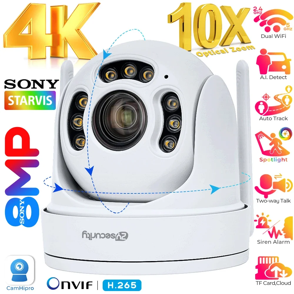 PTZ 자동 추적 야외 감시 카메라, 사람 감지 CCTV 보안 캠, 4K 8MP WiFi POE 돔 IP 카메라, 5X/10X 광학 줌