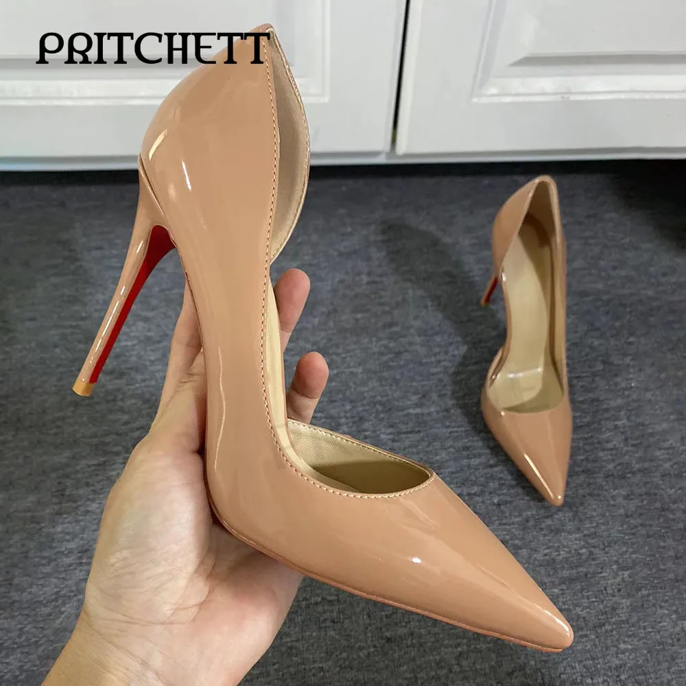 

Nude Patent Leather High Heels Pointed Toe Stiletto Heels Side Hollow Professional Shoes Large Size Fashionable Women's Shoes