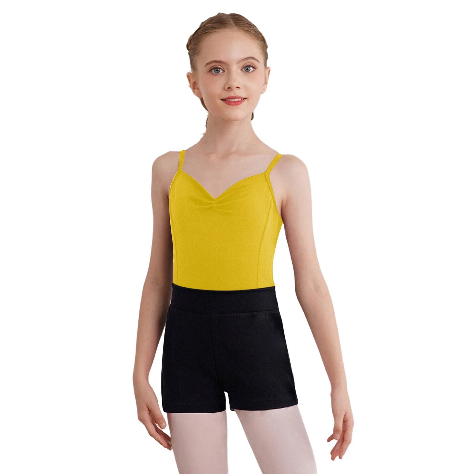 Kids Girls Gymnastics Dance Performance Outfit Sleeveless Backless Adjustable Spaghetti Straps Ruched Ballet Leotard with Shorts