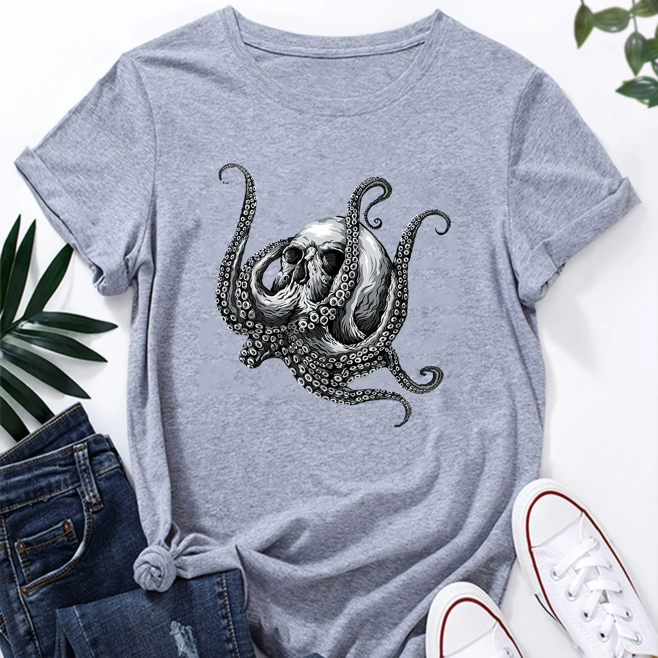 Octopus Sugar Skull T Shirts for Women Print Graphic Tee Women\'s T-Shirt Oversized T Shirt Aesthetic Harajuku Summer Tee Tops