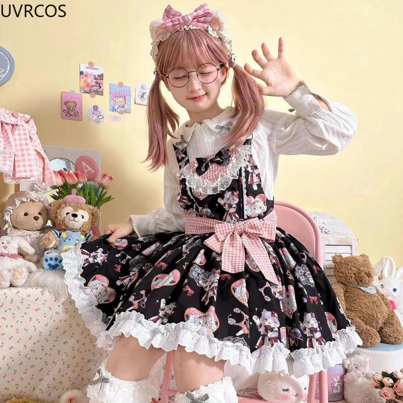 Japanese Kawaii Lolita Style Bow Princess Dress Women Cute Cat Print Lace Ruffle Party Mini Dresses Girly Gothic Y2k Strap Dress