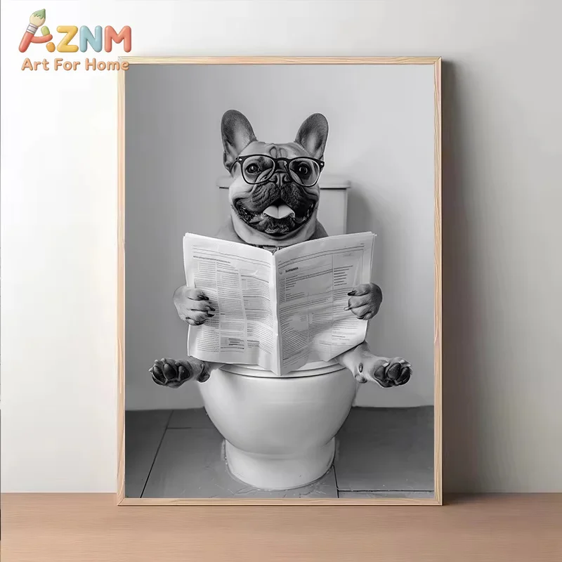 AZNM Funny Bathroom French Bulldog Sitting on Toilet Reading Newspaper Poster Modern Wall Art Canvas Print For Home Decor