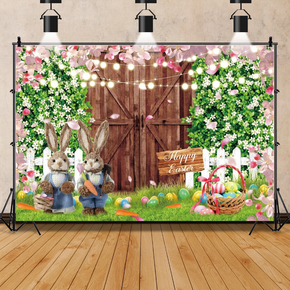 Happy Easter Backdrop Spring Garden Flower Meadow Easter Colorful Egg Wood Door Photography Background Baby Birthday Party Decor