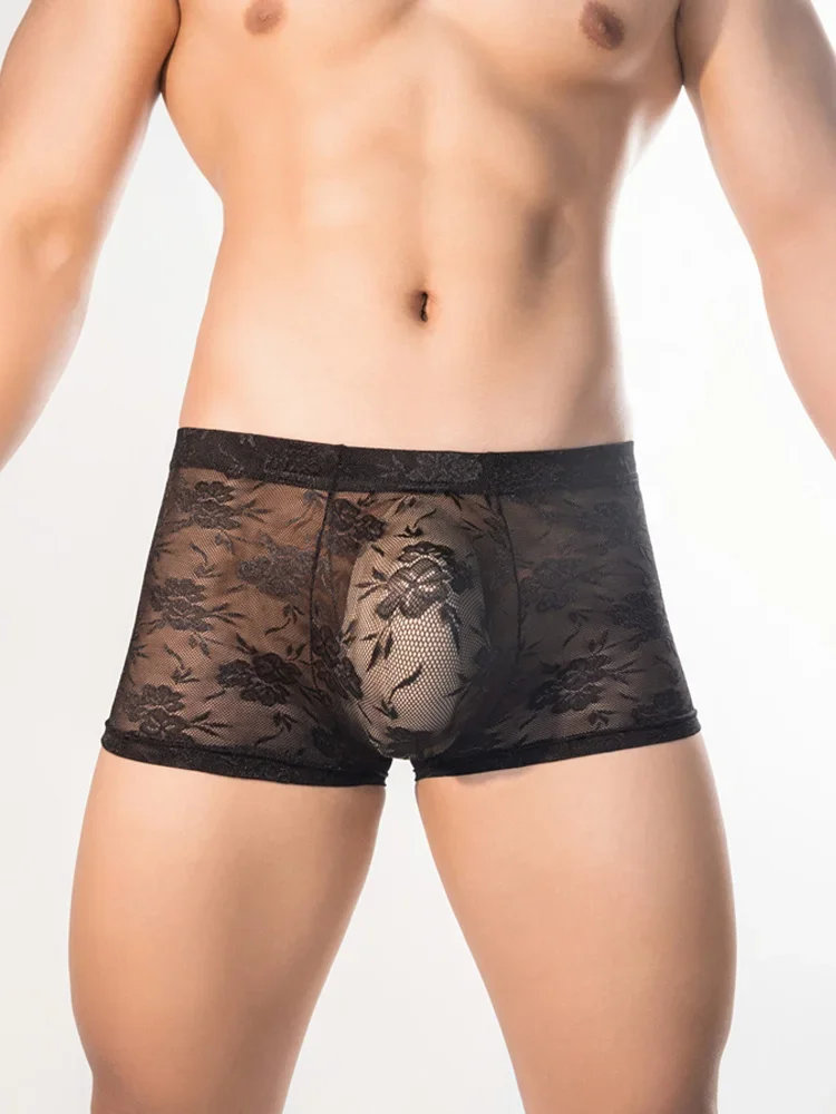 Ultradünne Herrenunterwäsche aus Spitze, durchsichtig, sexy, wilde U-konvexe Beutel-Boxershorts, atmungsaktiv, hochelastisch, Unixes-Höschen