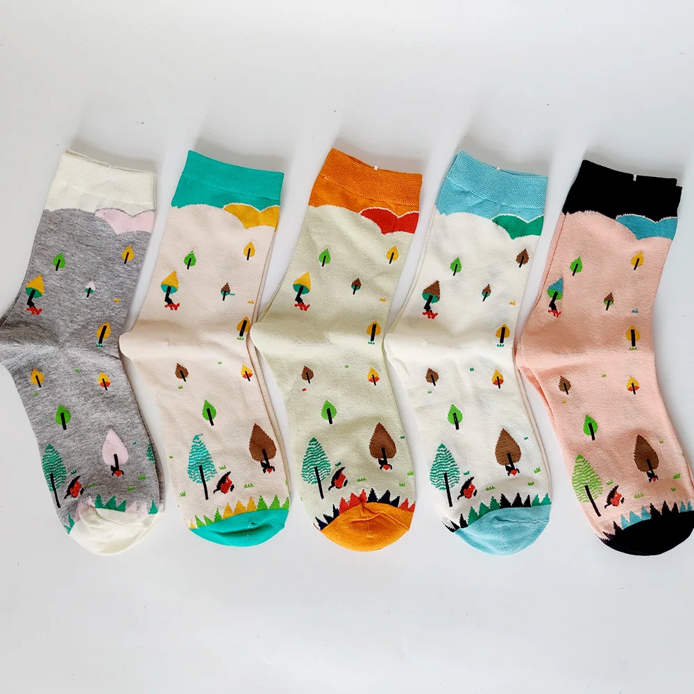 5 Pairs/Pack Combed Cotton Women Socks Plant Tree Pattern Funny Happy Crew Casual High Quality Socks