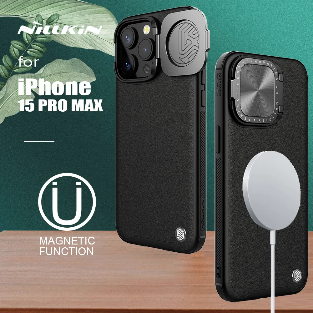 

Чехол Nillkin для iPhone 15 Pro Max, чехол для Camshield Prop, кожаный магнитный чехол с подставкой для камеры, чехол для iPhone 15 Pro, чехол для объектива