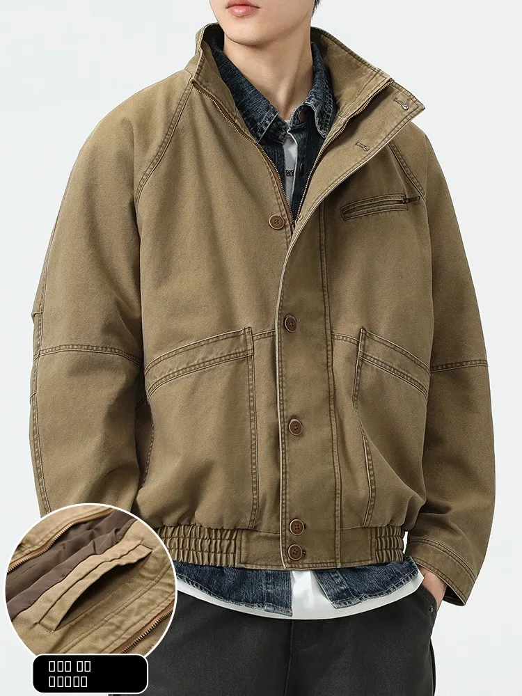 

Retro American Workwear Jaet Men's Spring Autumn Loose Waed Pure Cotton Casual Stand Collar Hard Man Cotton Jaet