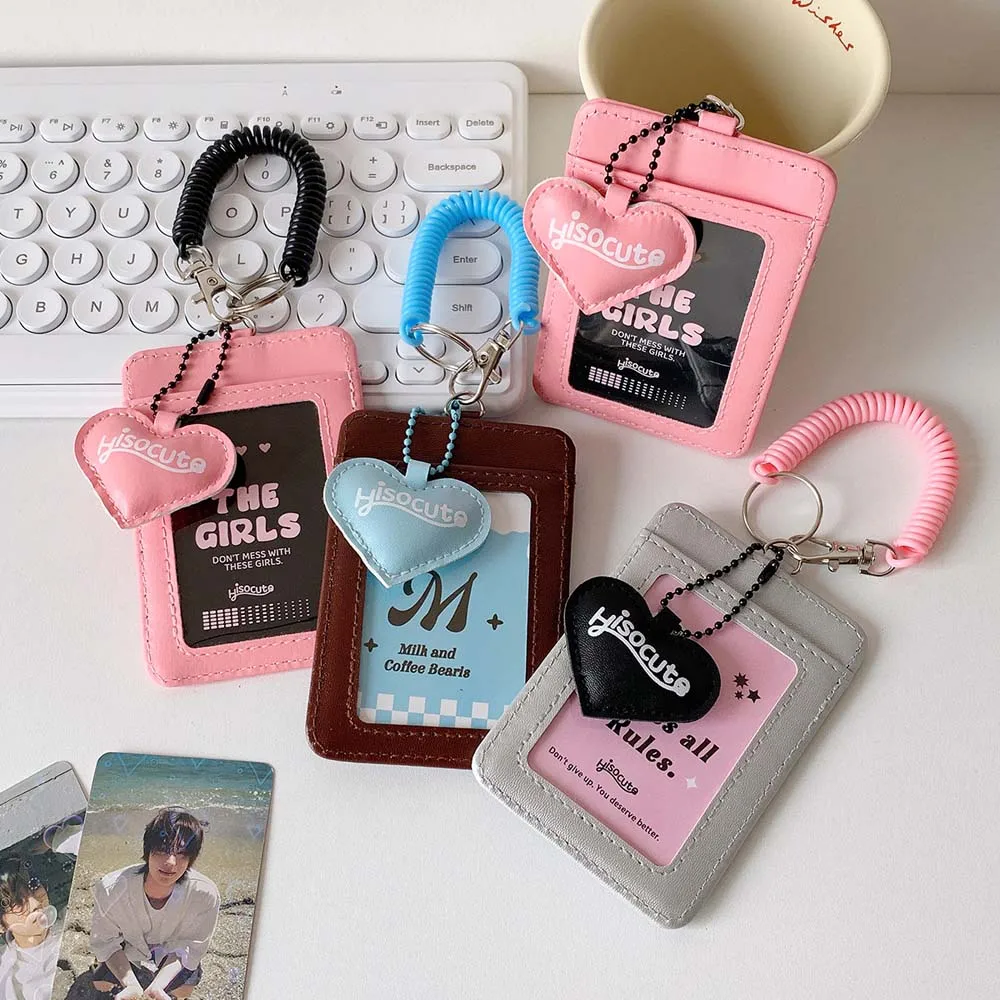 

With Keychain Korean Style Card Holder Card Case Bungee Cord Student Card Cover Love Heart Pendant PU Leather ID Card Holders