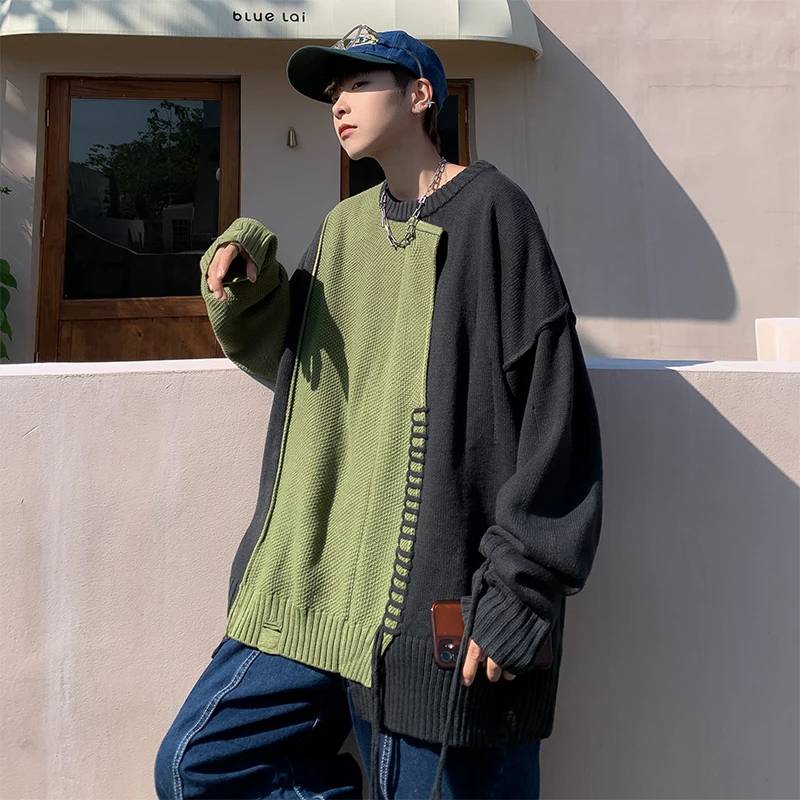 American style patchwork color contrast sweater for men in winter, with a unique design feeling. Lazy style knit sweater, loose