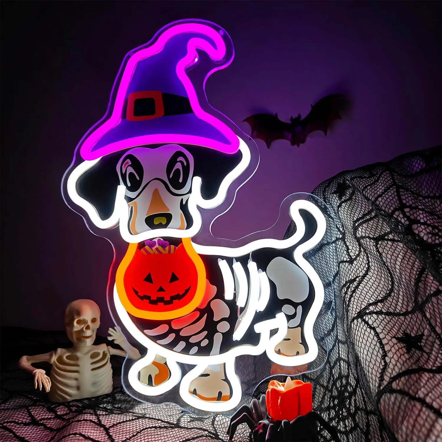 Enseigne au néon de chien squelette d'halloween pour décoration murale, chapeau de sorcière chauve-souris, lumière néon fantôme pour fenêtre, fête d'halloween, salle de jeux de grotte pour homme