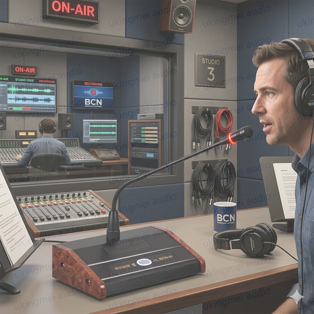 

Luxury Wood-Grain Desktop Gooseneck Microphone with Chime Condenser Mic with LED Ring for Conference Airport Station & PA System