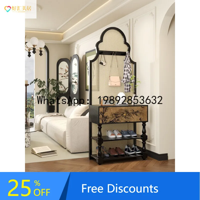 CZ Bedroom Partition Movable Screen Rattan Screen Divider Living Room Vintage Style Entryway Solid Wood Retro Shoe Cabinet