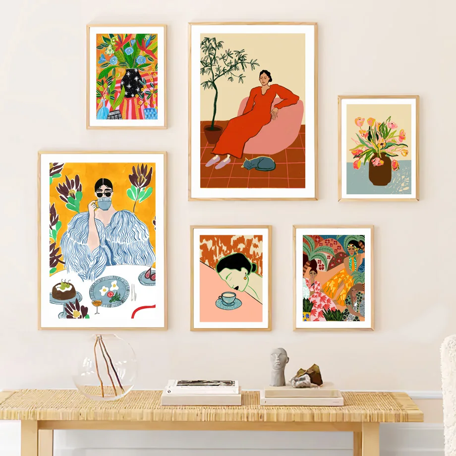 Boho Matisse Wall Art Colorful Coffee Female Figure Prints Vibrant Maximalist Botanical Canvas Posters Modern Living Room Decor